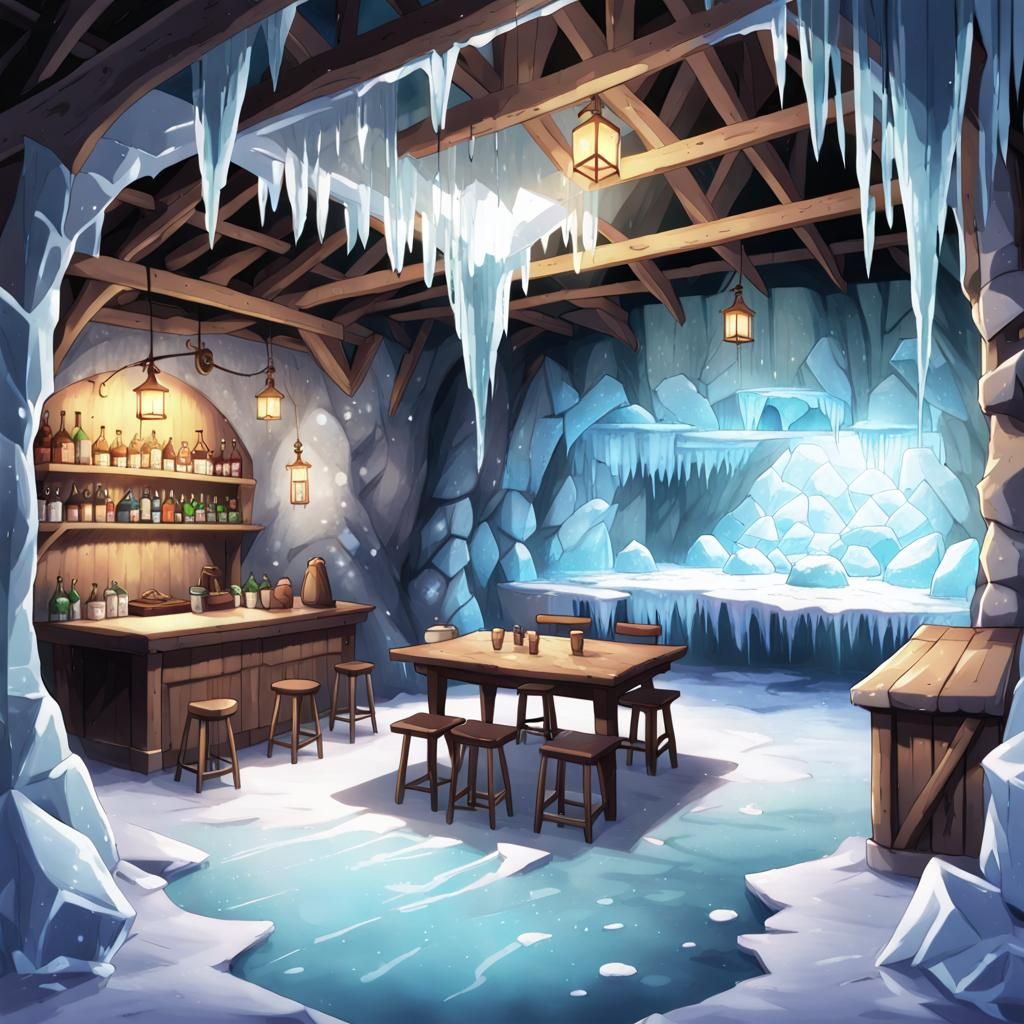 Empty Tavern Under Ice Cavern in Anime Style