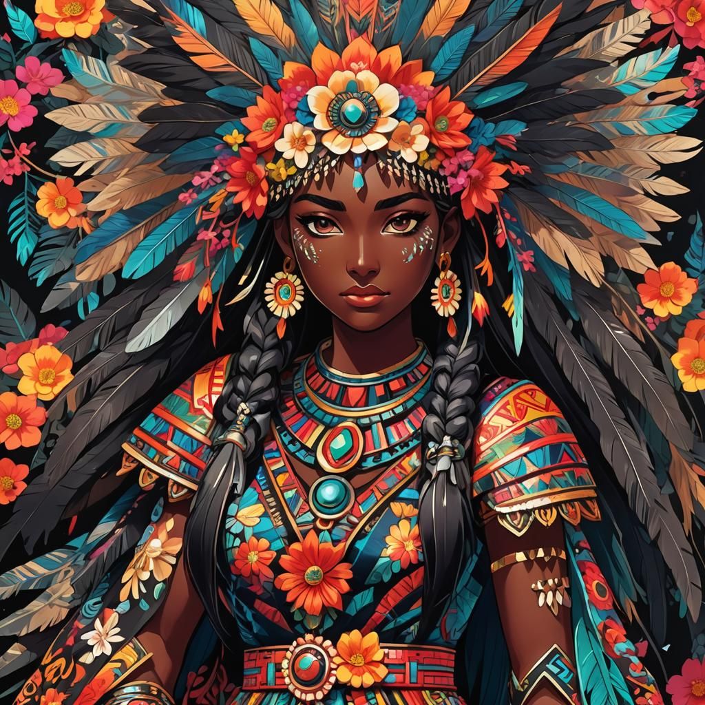 Aztec Girl with Obsidian Sword in Anime Manga Style