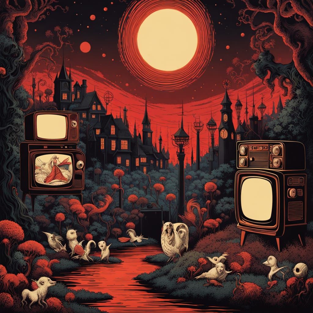 Quirky Gothic Family Drowns in Oil, Surrounded by Vintage TV...