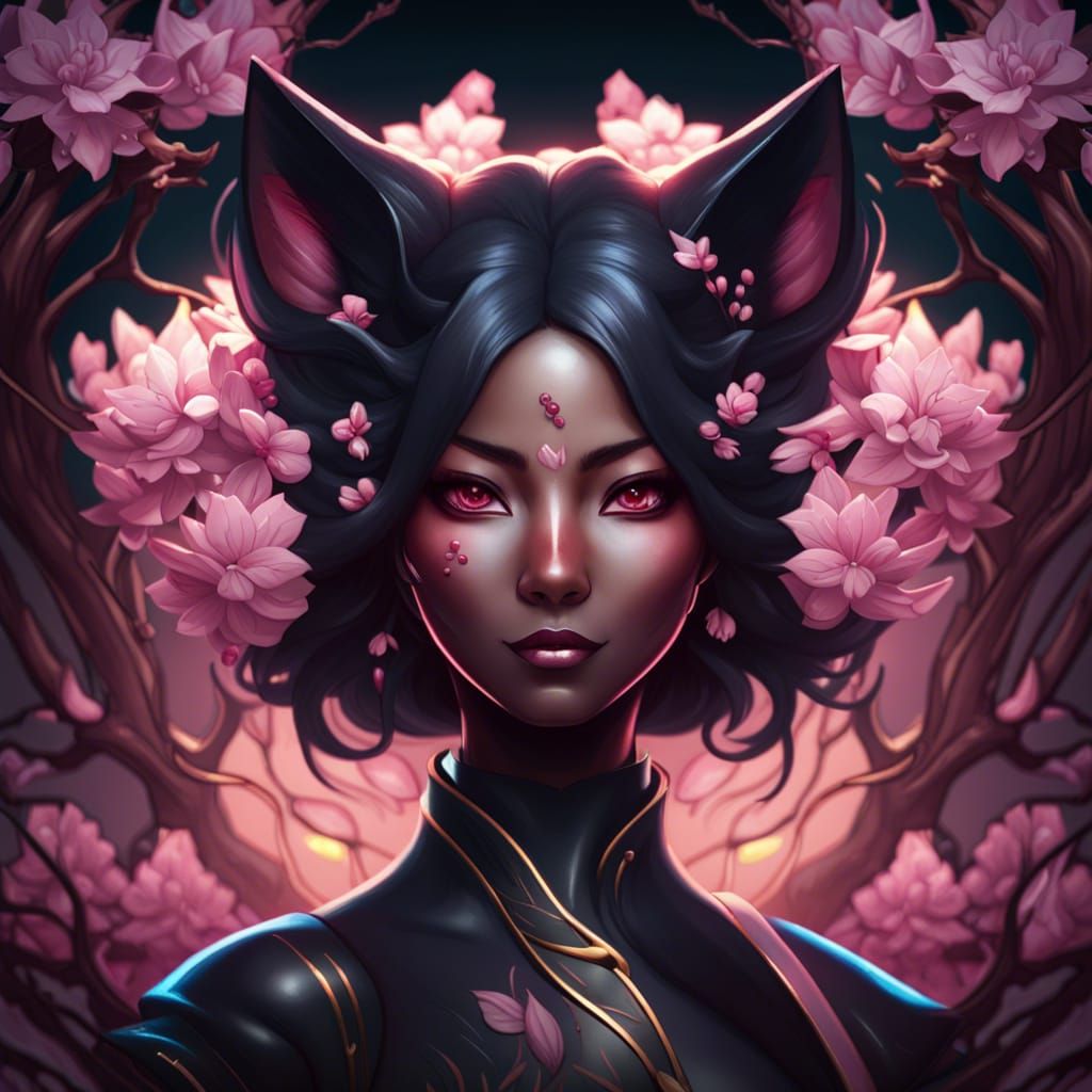 Black Cherry Blossom Kitsune Portrait in 8K