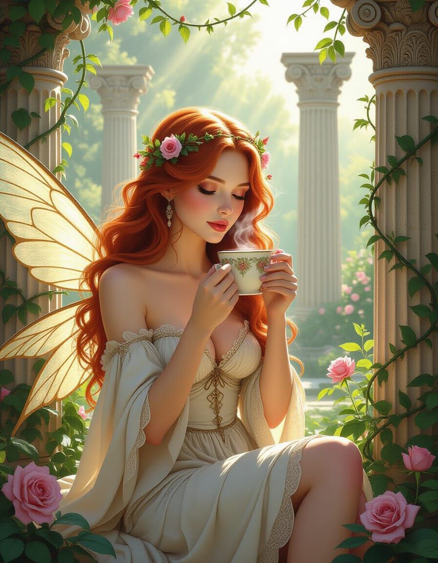 Redhead Fairy Drinks Coffee in Lush Garden