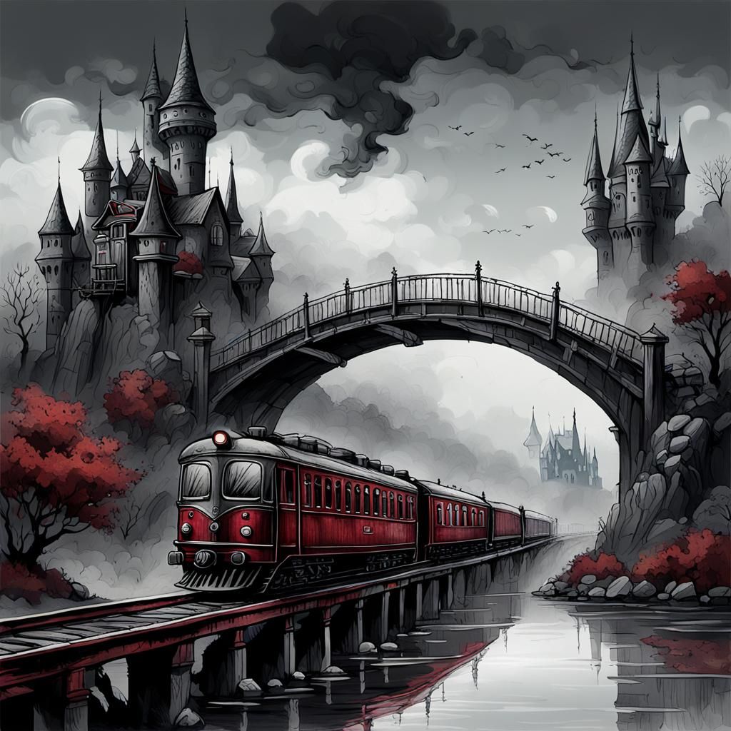 Vintage Castle and Train in Dark Fantasy Ink