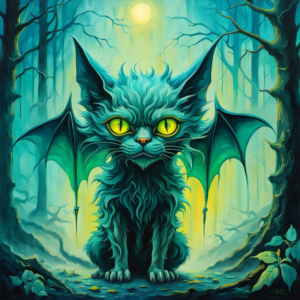 Feline-Bat Creature in Expressionist Oil Painting Style