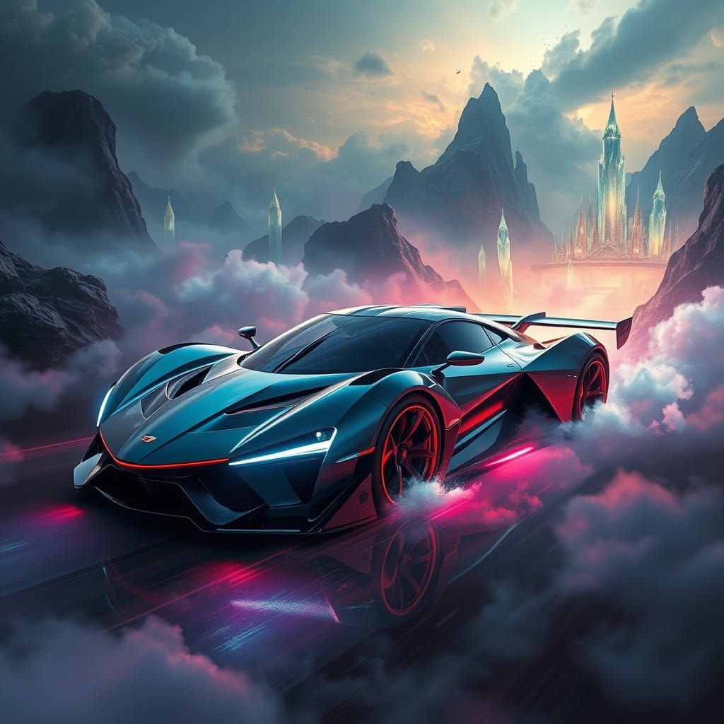 Dreamlike Supercar in Iridescent Mist