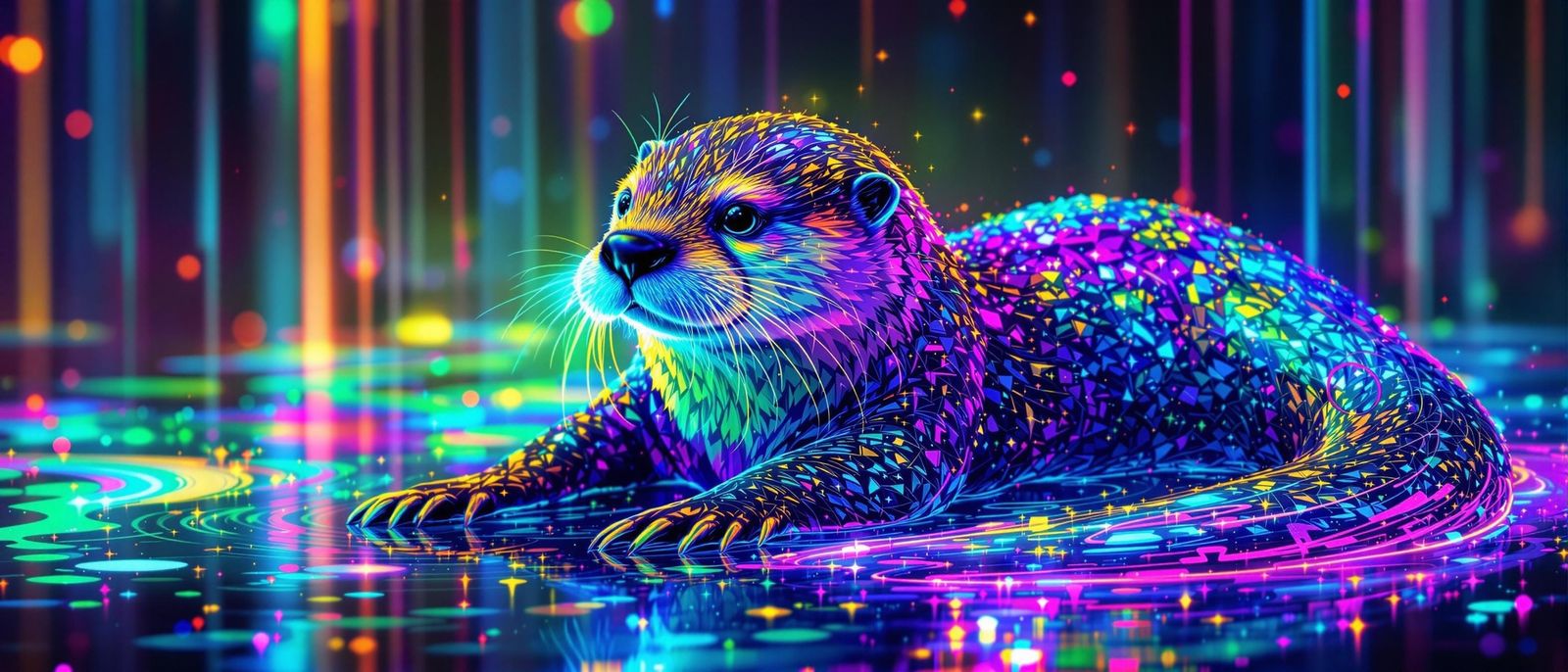 Majestic Otter in Vibrant, Iridescent Hues, Set Against a Ka...