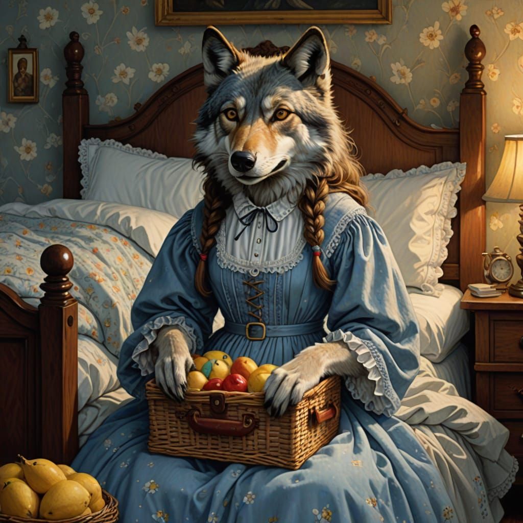 Anthropomorphic Wolf in Nightgown on Bed, Fairy Tale Style