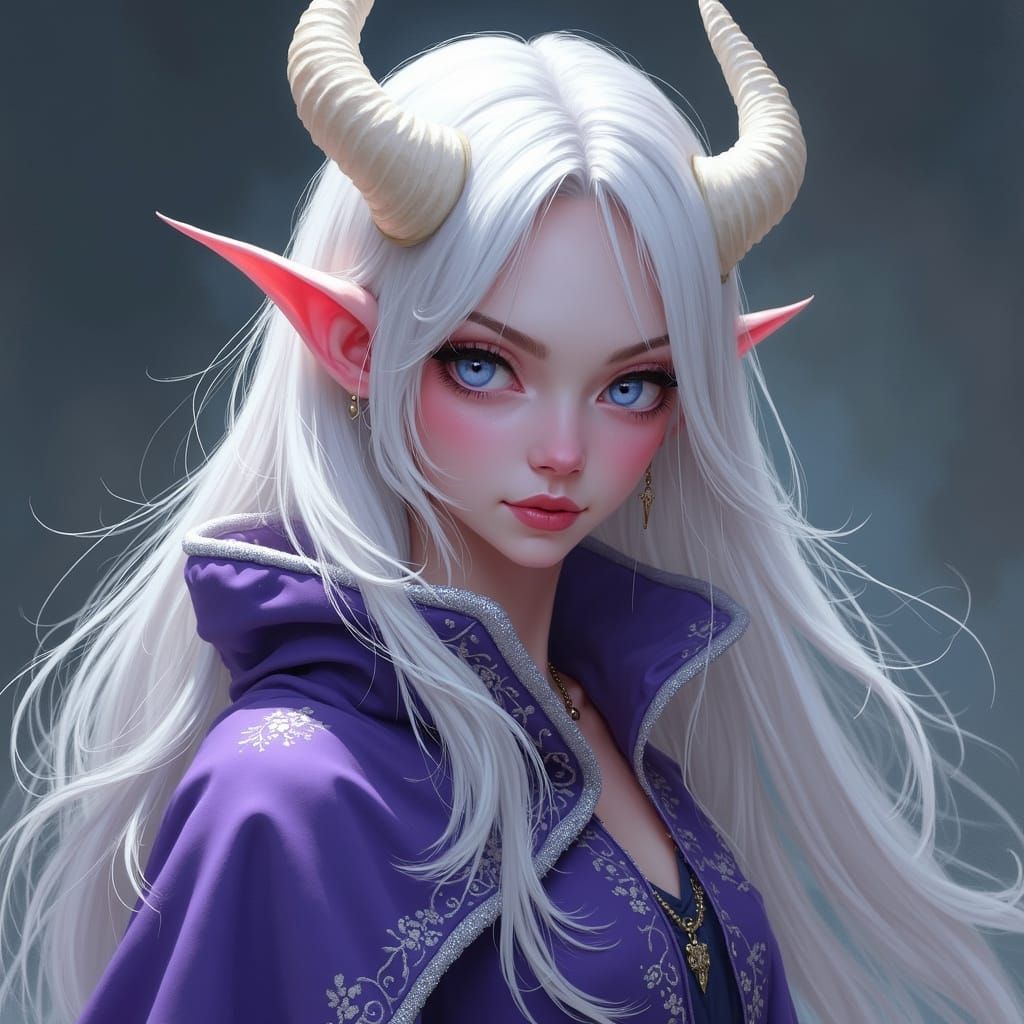 Elegant Tiefling Noble in Lavish Purple Attire