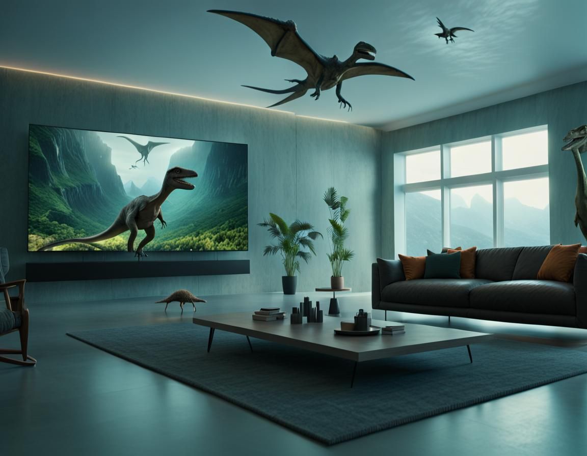Hyperrealistic Sci-Fi Living Room with Dinosaur