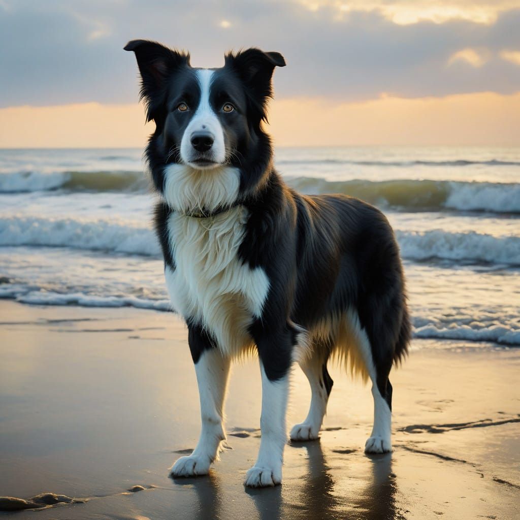 Border Collie on Serene Beach in Expressive Oil Painting