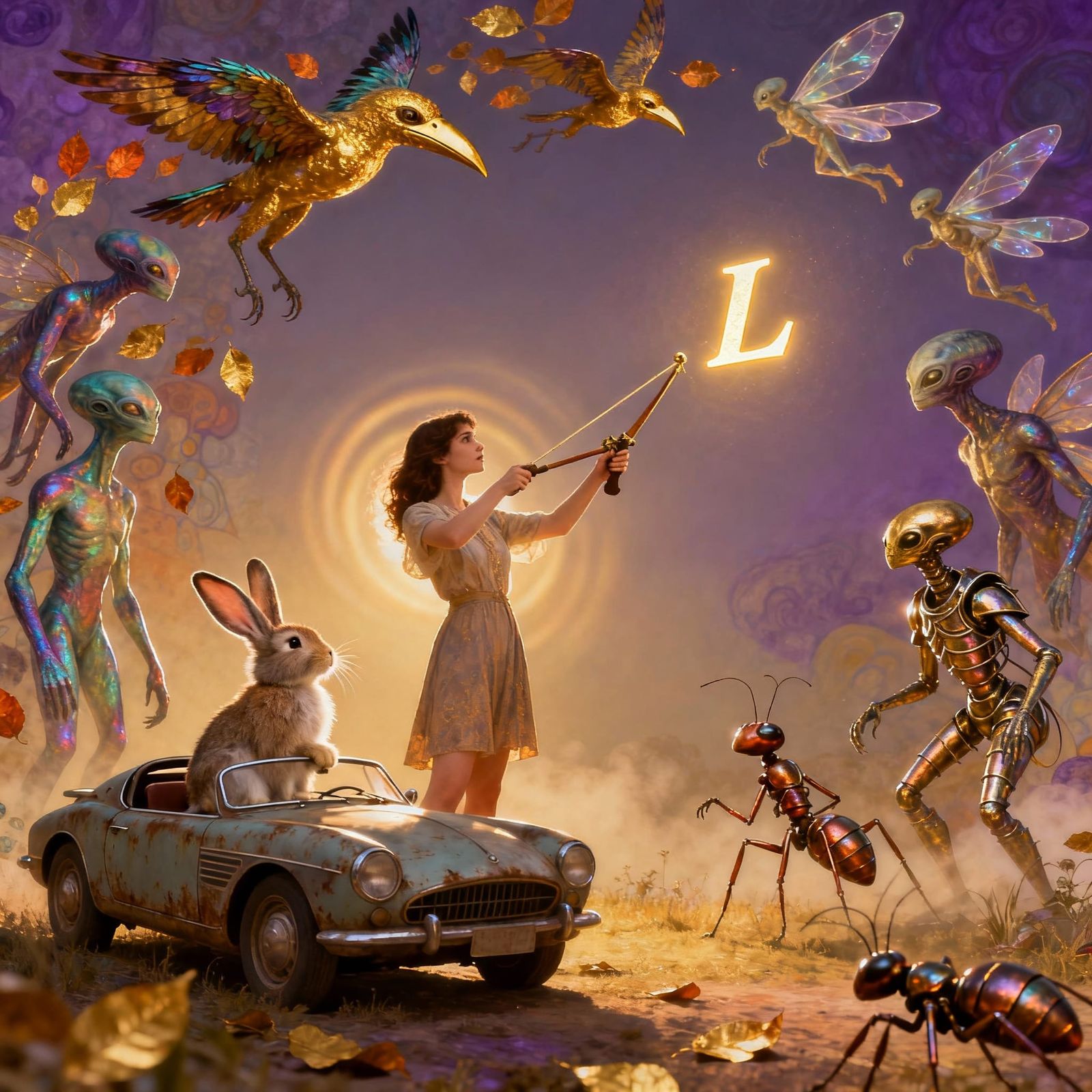 Surreal Alien Encounters in Klimt's Golden Style