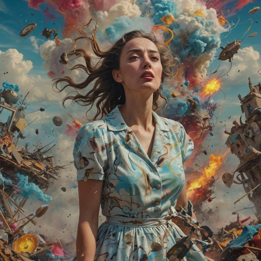 Woman Watches Surreal Chaos Erupt, Expressionist Style