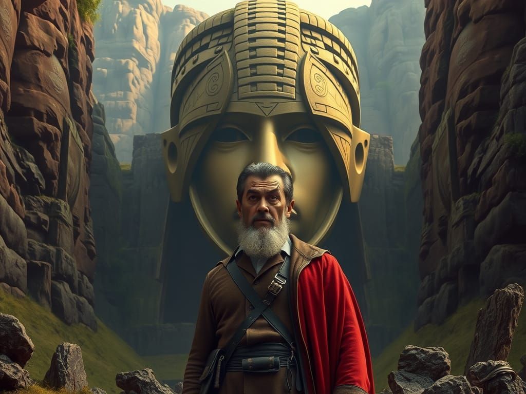 warrior in front of stone idol