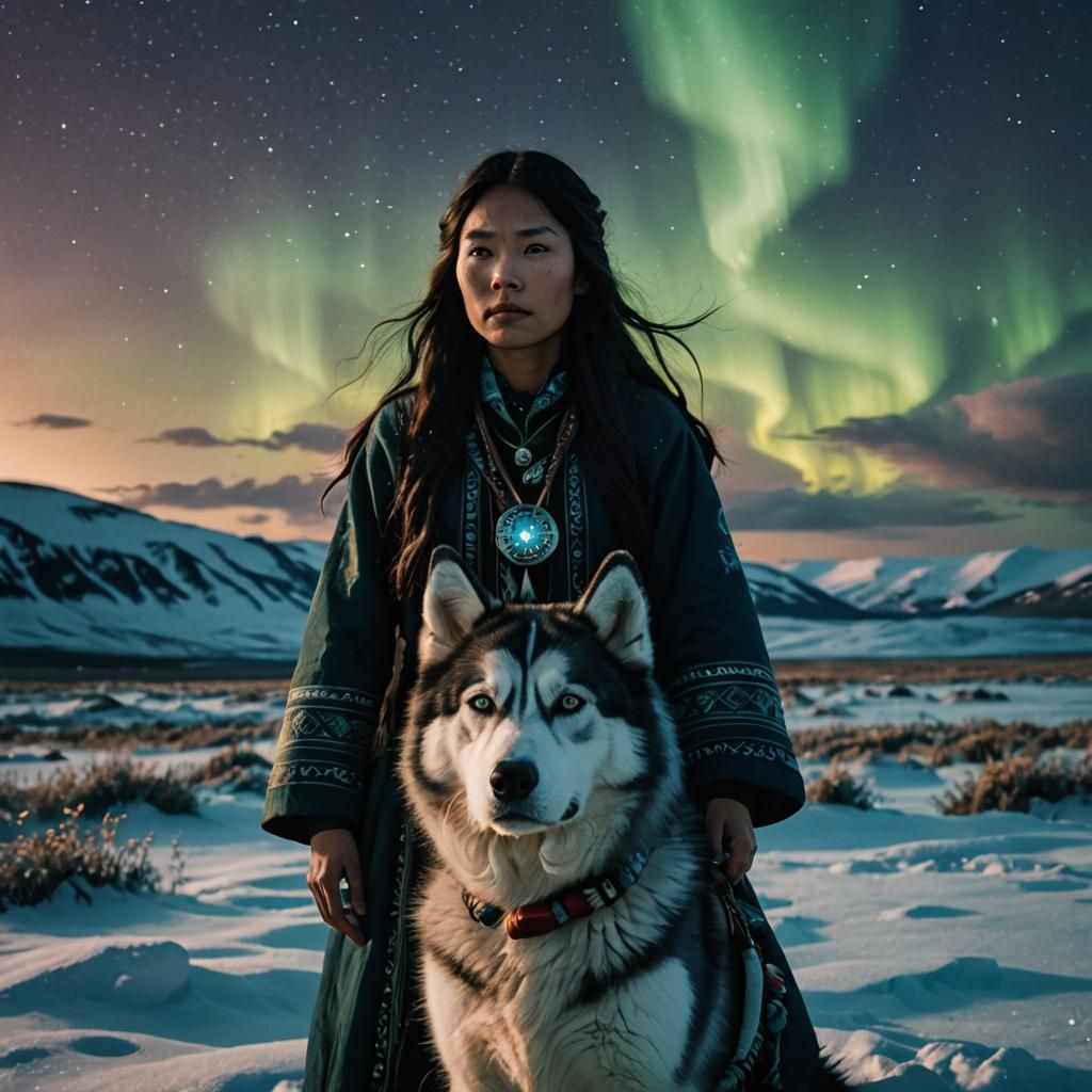 Alaskan Girl and Husky Under Northern Lights