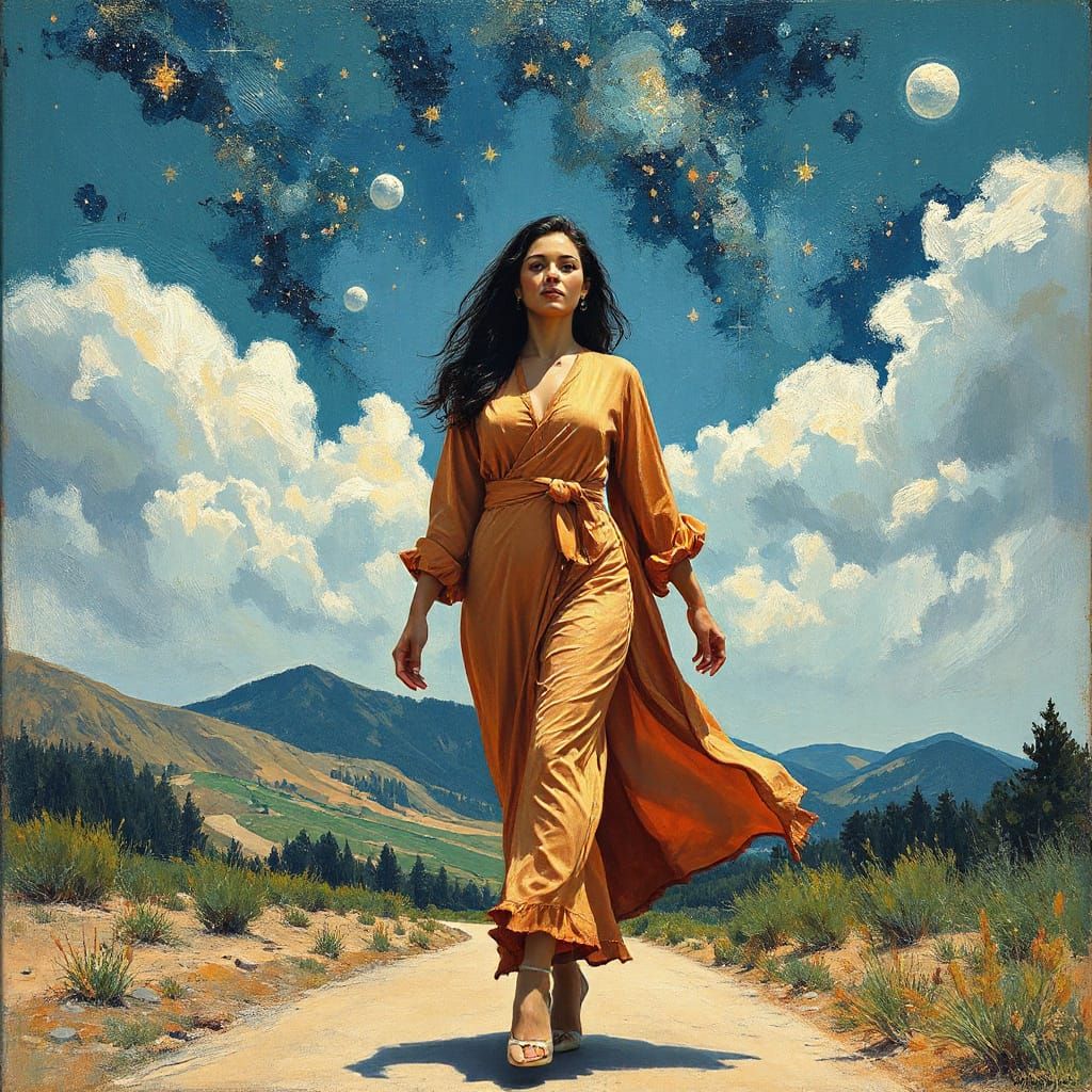 Starry Night Woman in Neo-Expressionist Style