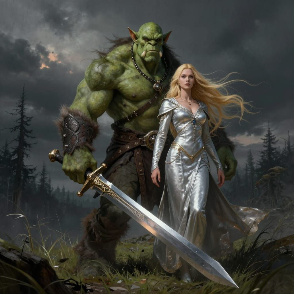 Muscular Orc Defends Blonde Man on Grassy Hill