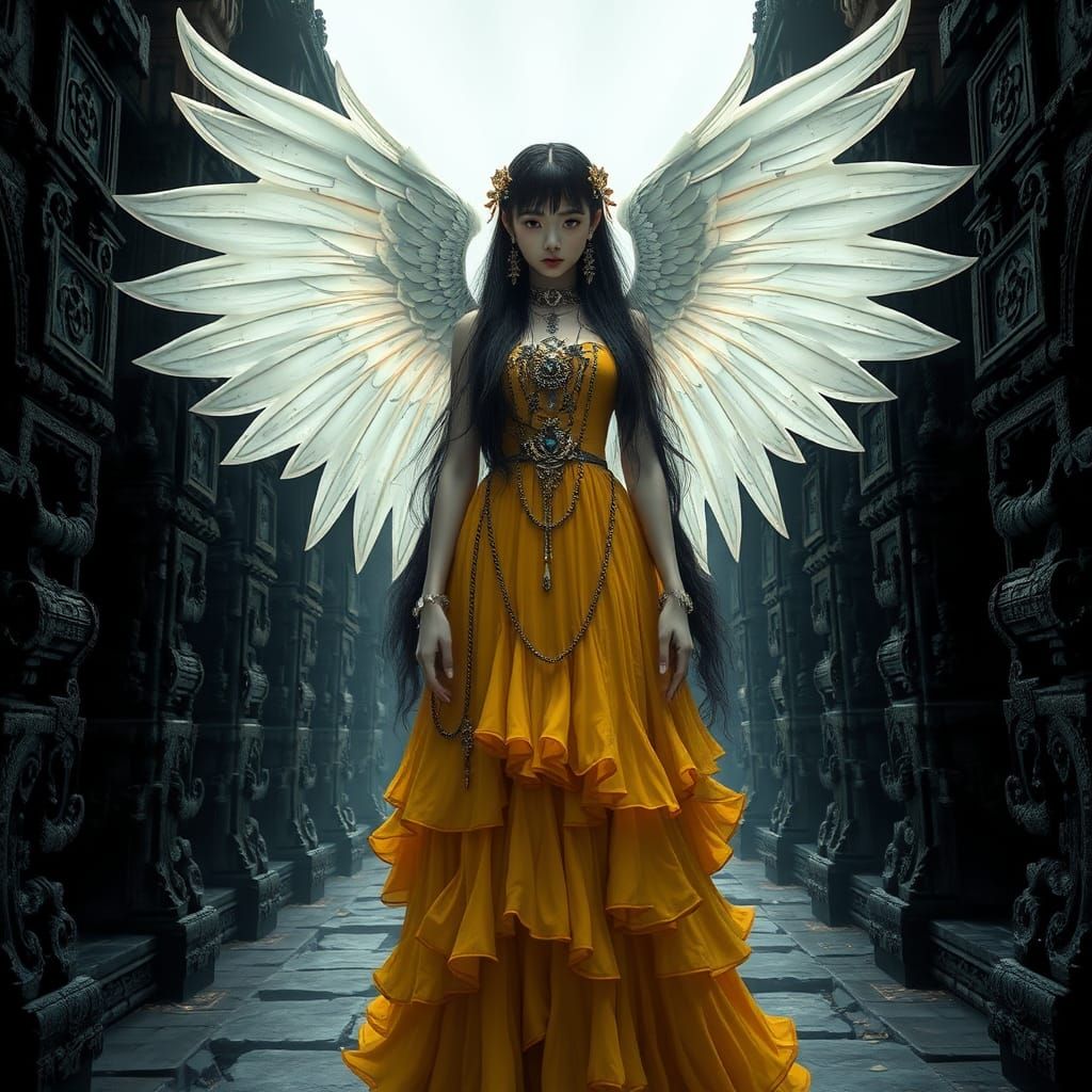 Gothic Asian Angel in Khmer Castle, Detailed Digital Paintin...