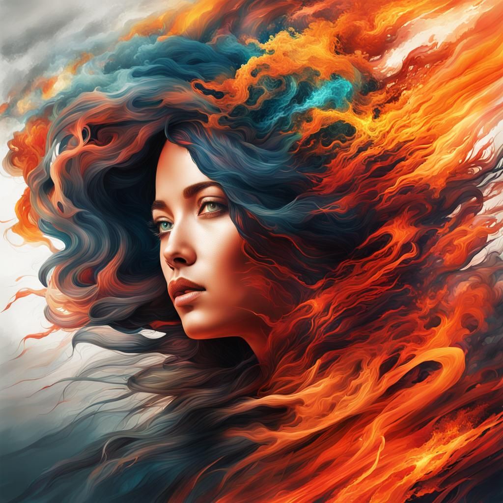 Fiery Abstract Forms Enveloping Woman: Double Exposure