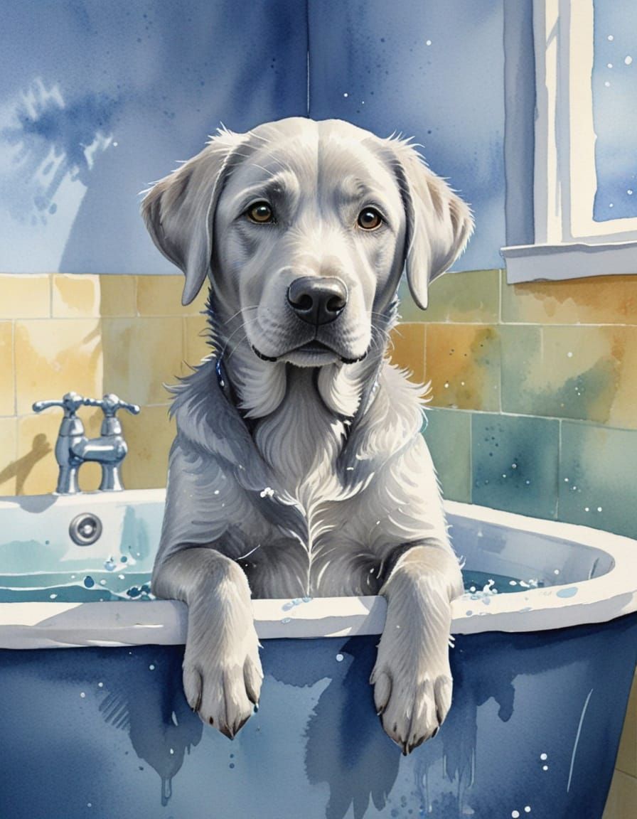Joyful Silver Labrador in a Blue Tub, Watercolor Illustratio...
