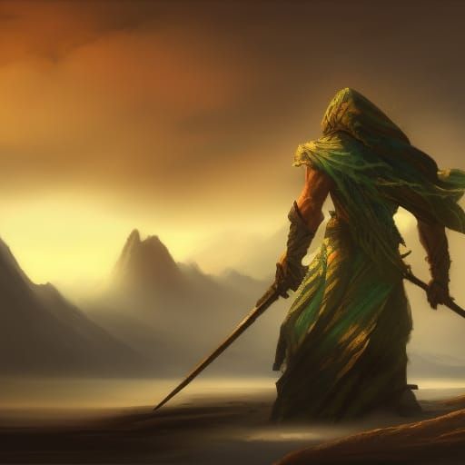 Assassin in Green and Gold Armor on Beach