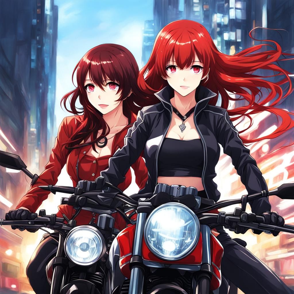 Anime Girls with Superbike in Manga Style