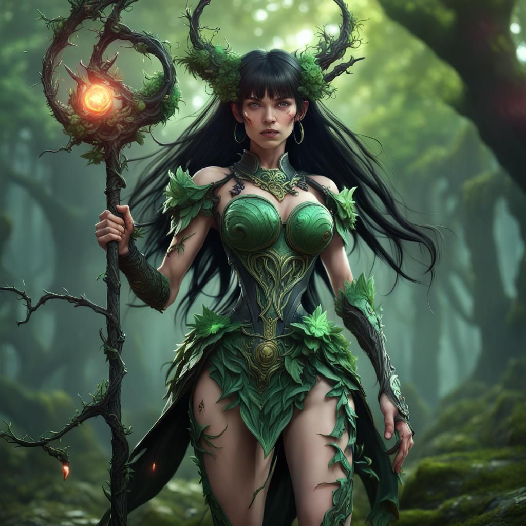 Magical Girl Druid Battles Monster in Fantasy Art