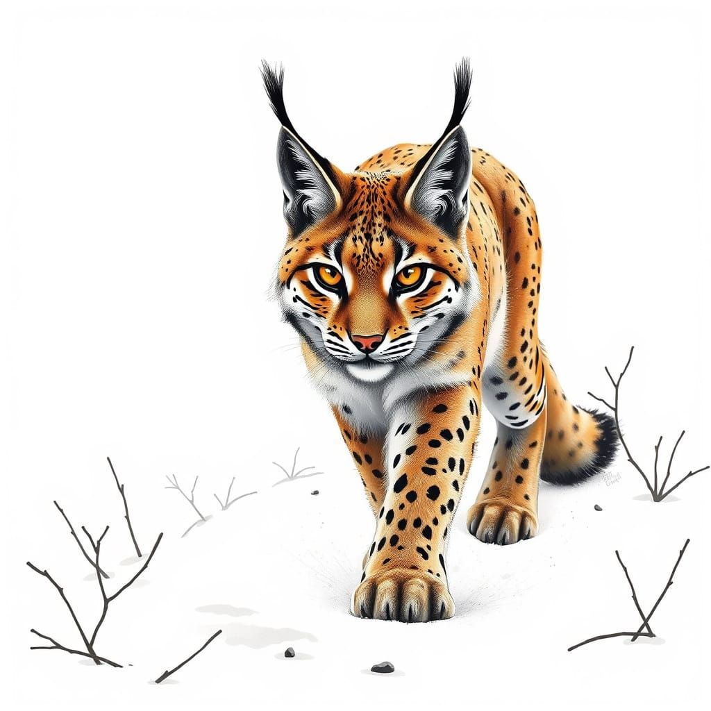 A 3d hd whimsical stylized lynx walks through a snow-covered landscape