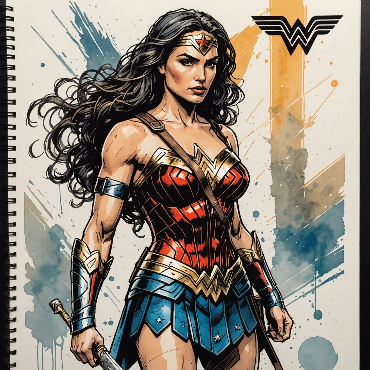 Wonder Woman Comic Sketch in Watercolor Style