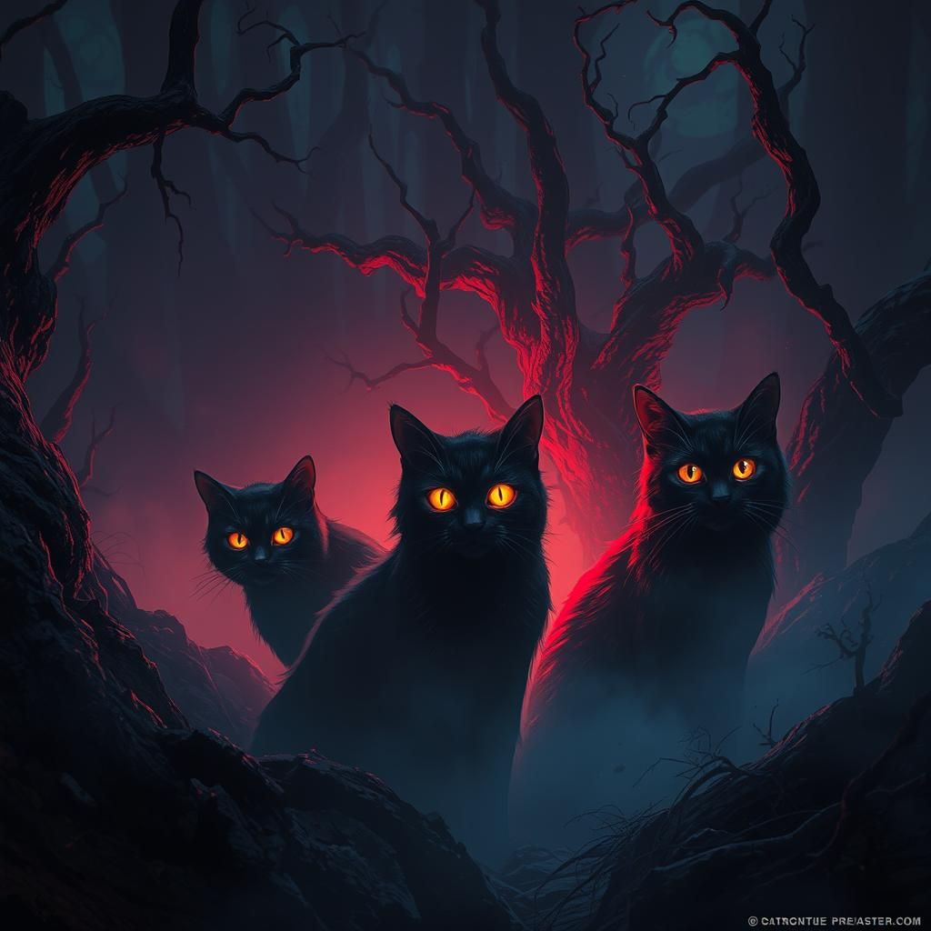 Mysterious Cats in Eerie Realm: Dark Fantasy Art