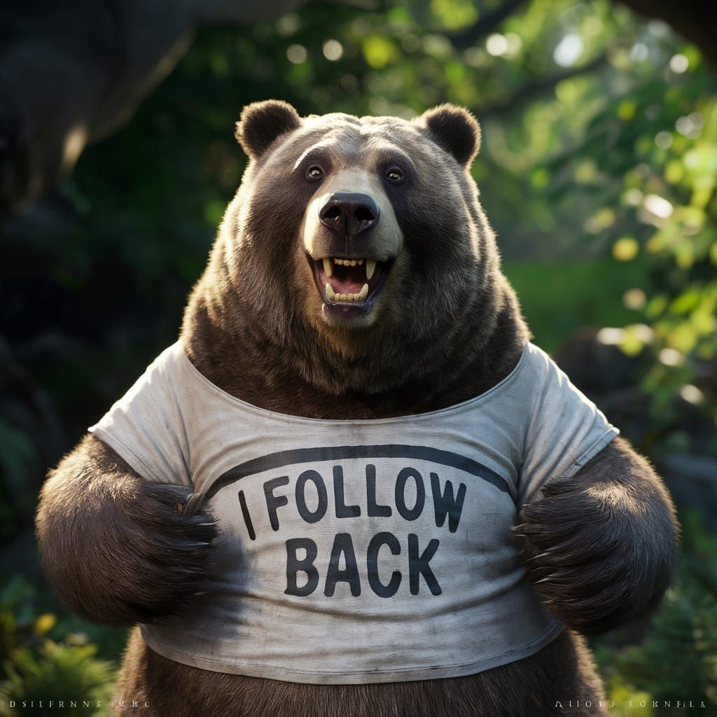 Happy Grizzly Bear in T-Shirt: "I FOLLOW BACK"
