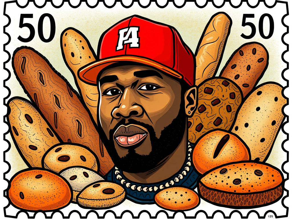 50 Cent Stamp with Artisanal Breads, Folk Art Style