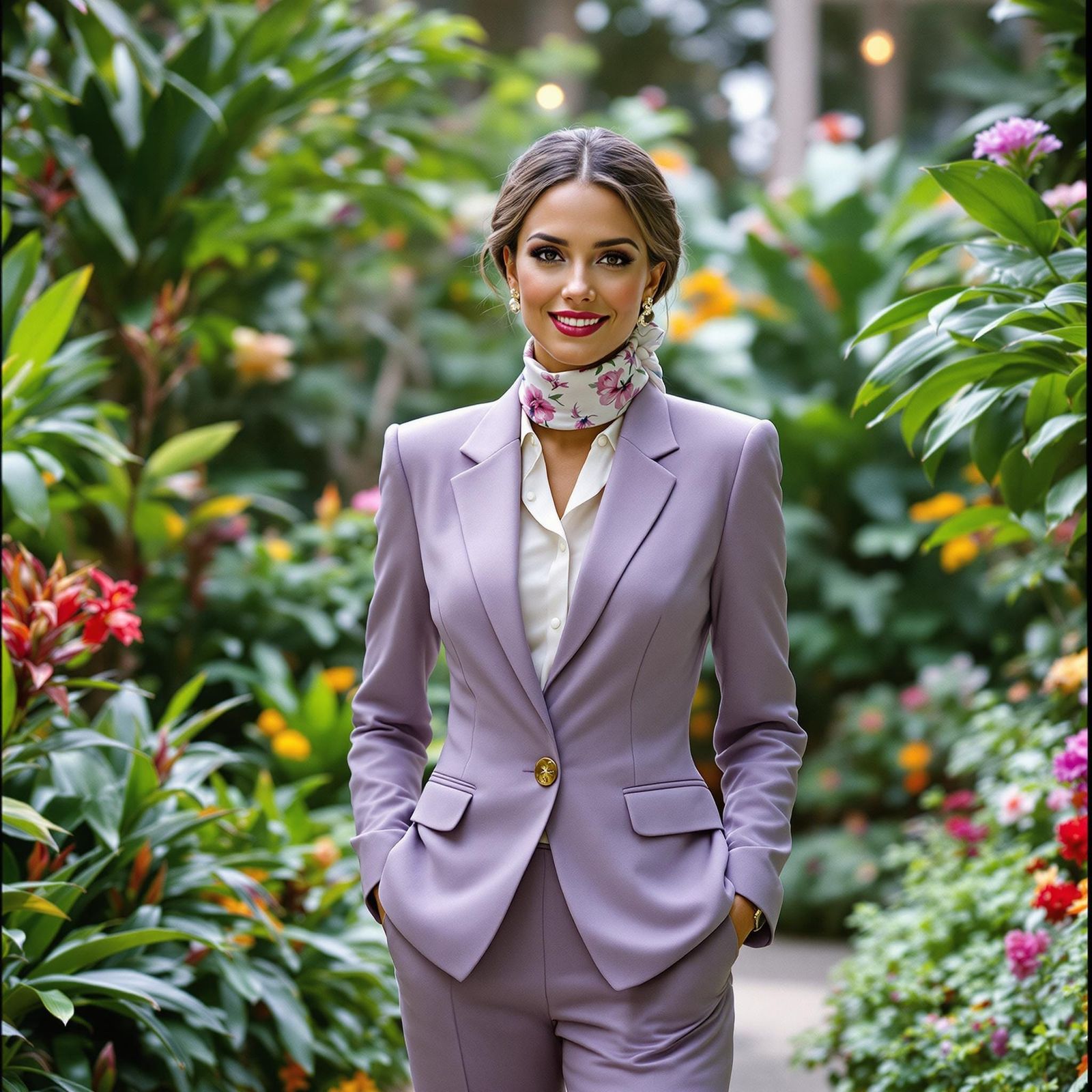 Elegant Businesswoman in Botanical Garden Portrait