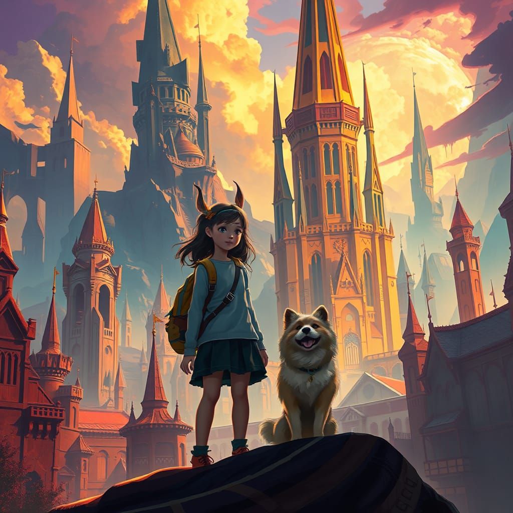 Mystical Cityscape: Girl and Dog in Digital Art