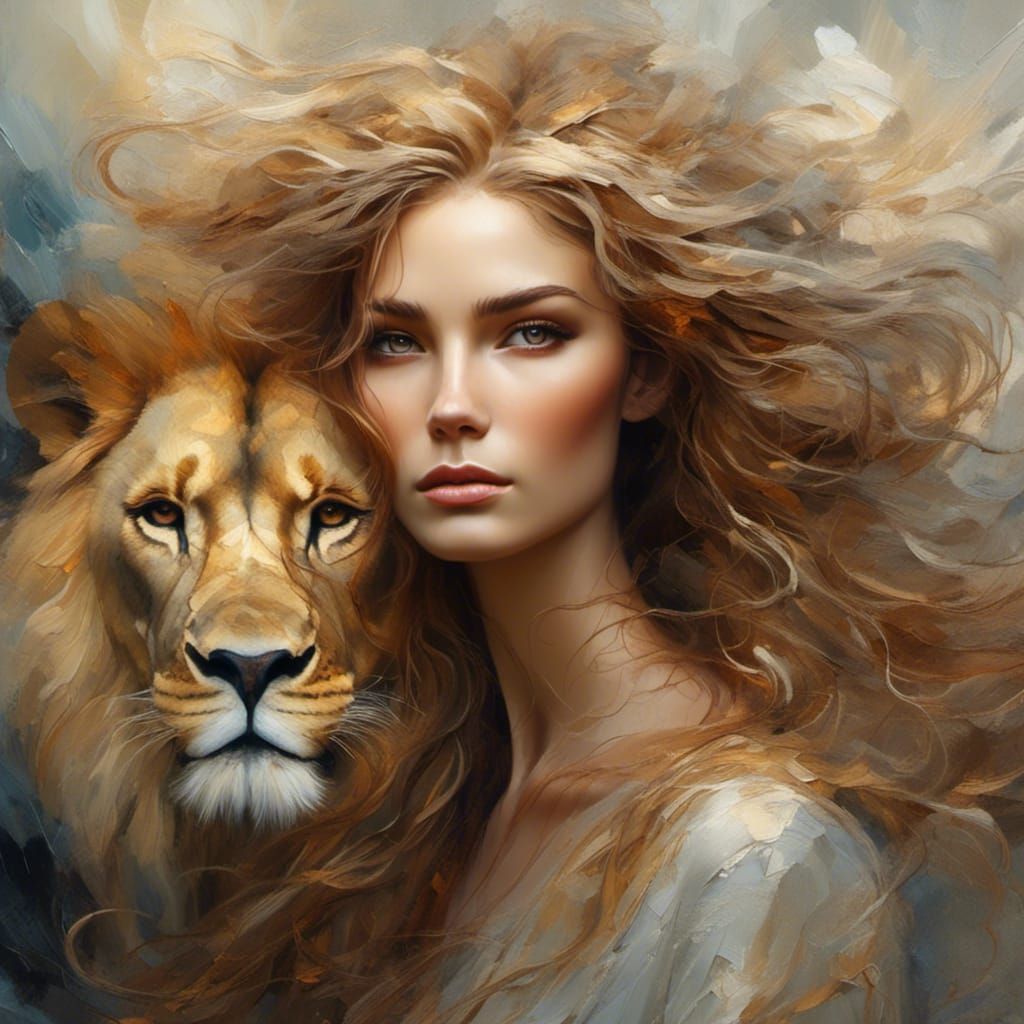 Mesmerizing Lady and Lion Portrait in Surreal Style