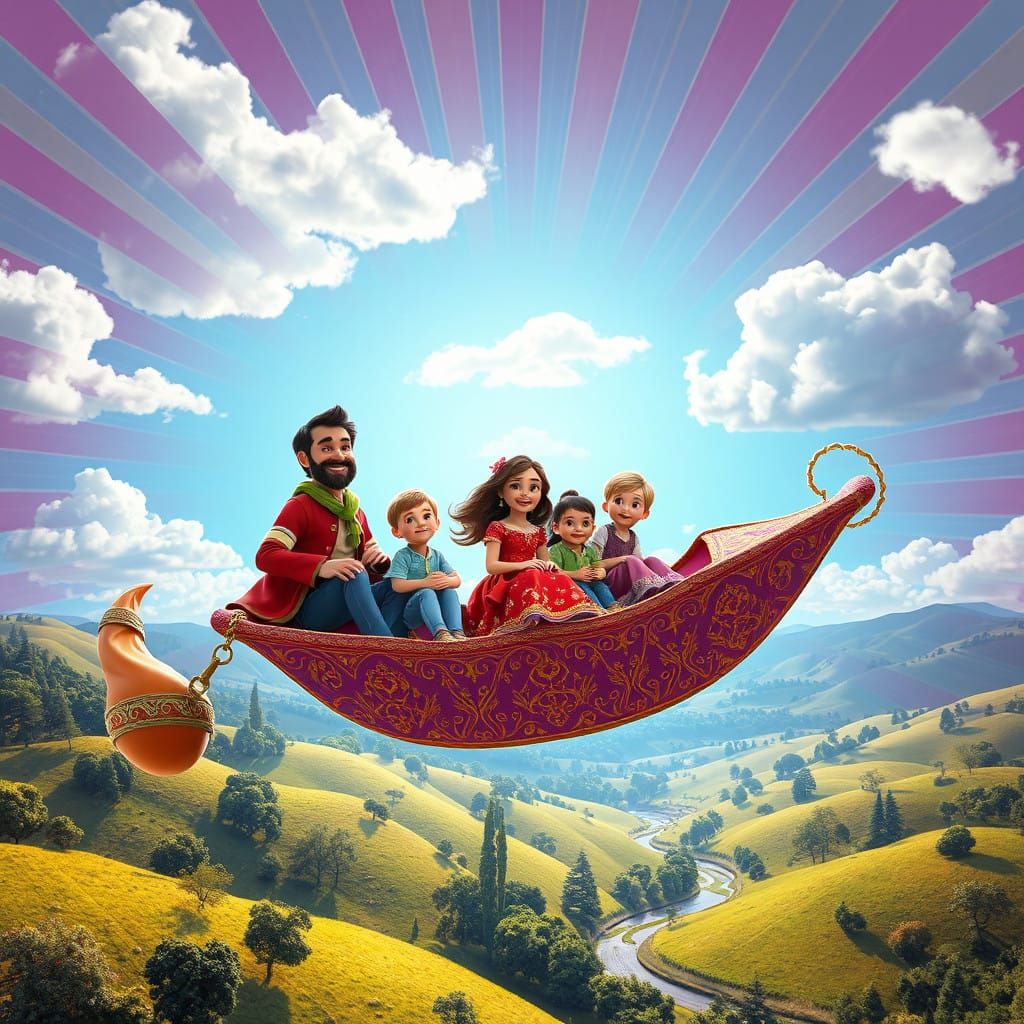 Whimsical Family Soars on Magic Carpet Through Lush Landscap...