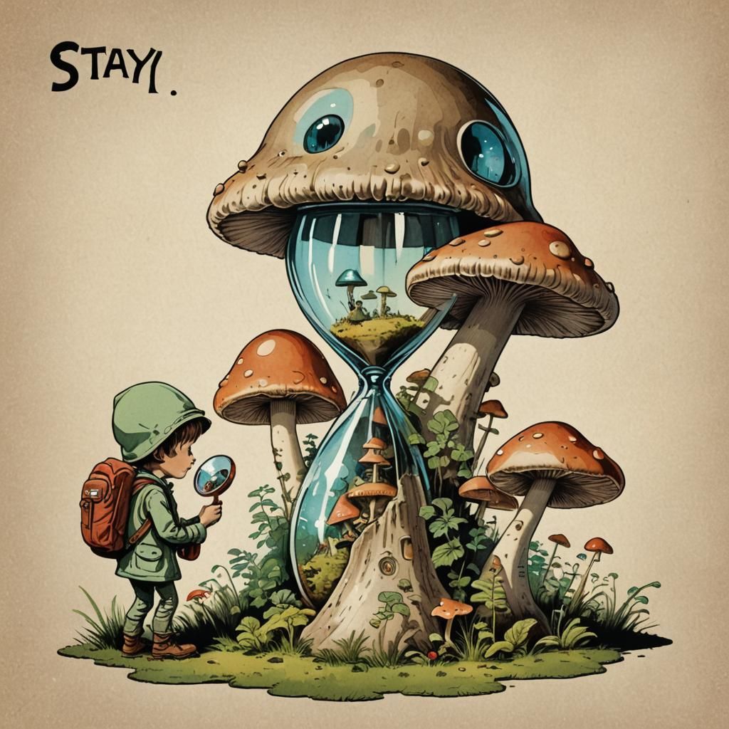 Alien Examines Mushroom Hourglass in 1970s Style