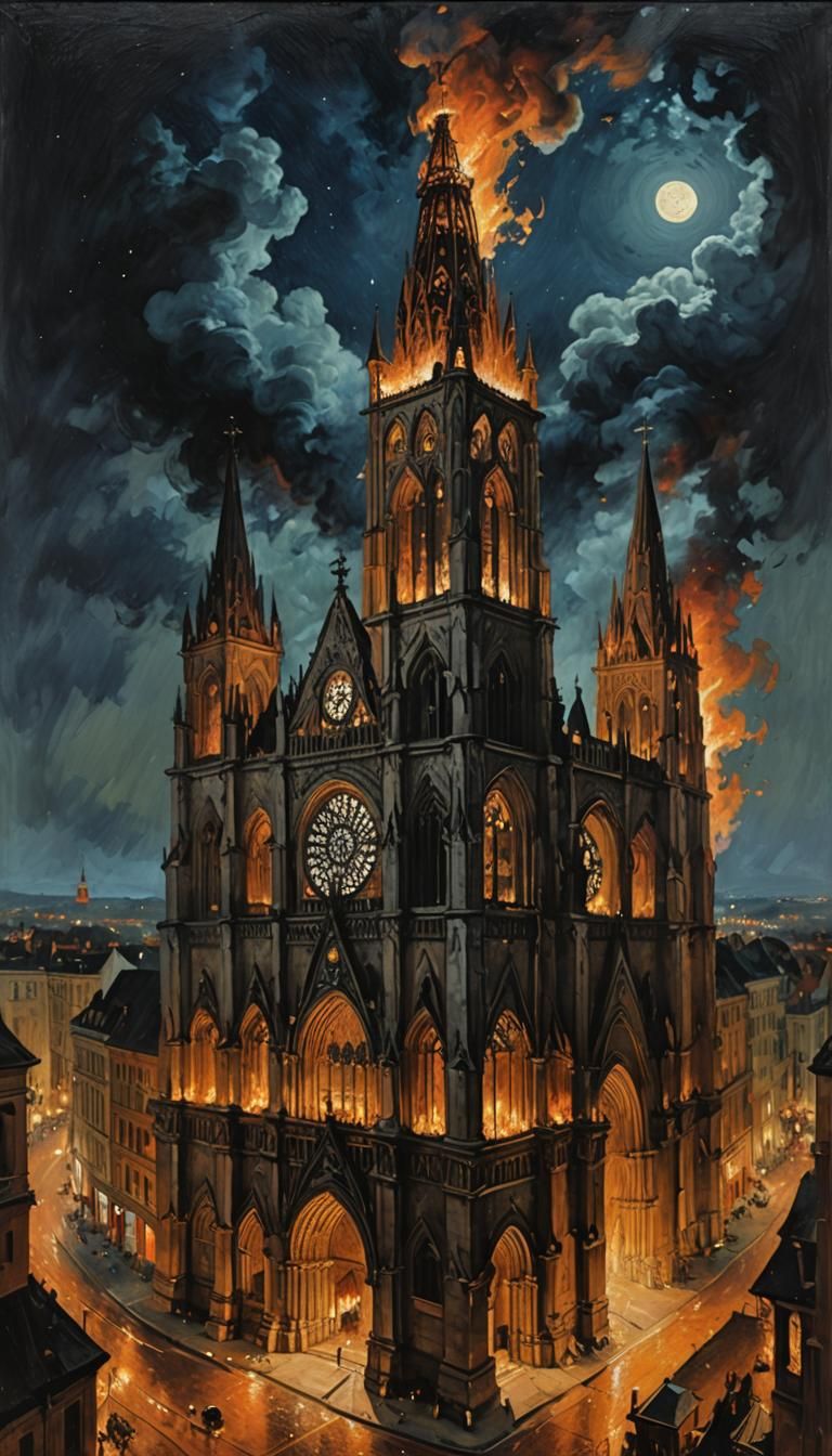 Burning Cathedral at Night in Oil Painting Style