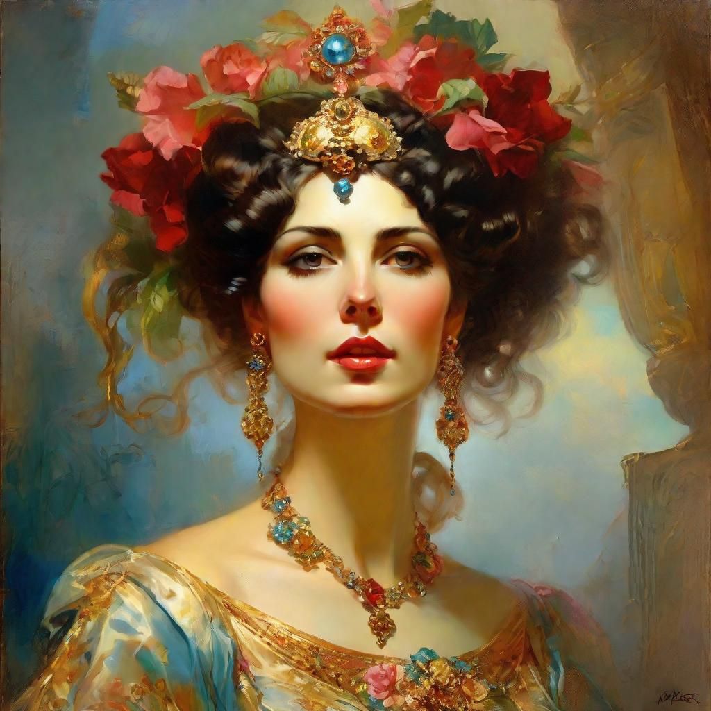 portrait of a woman in the style of   Boris Vallejo and Hans...