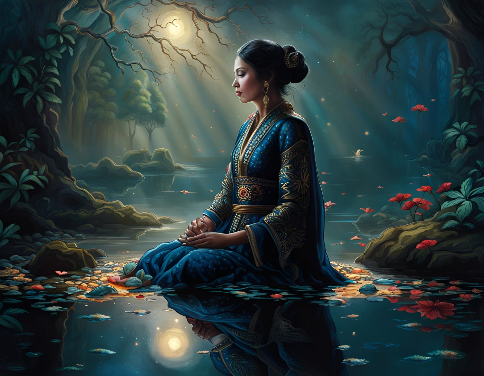 Ornate Japanese Princess in Lotus Pond, Dark Fantasy Art