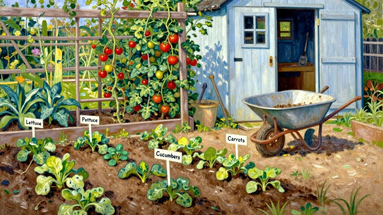 Impasto Garden Scene with Sprouts and Trellis