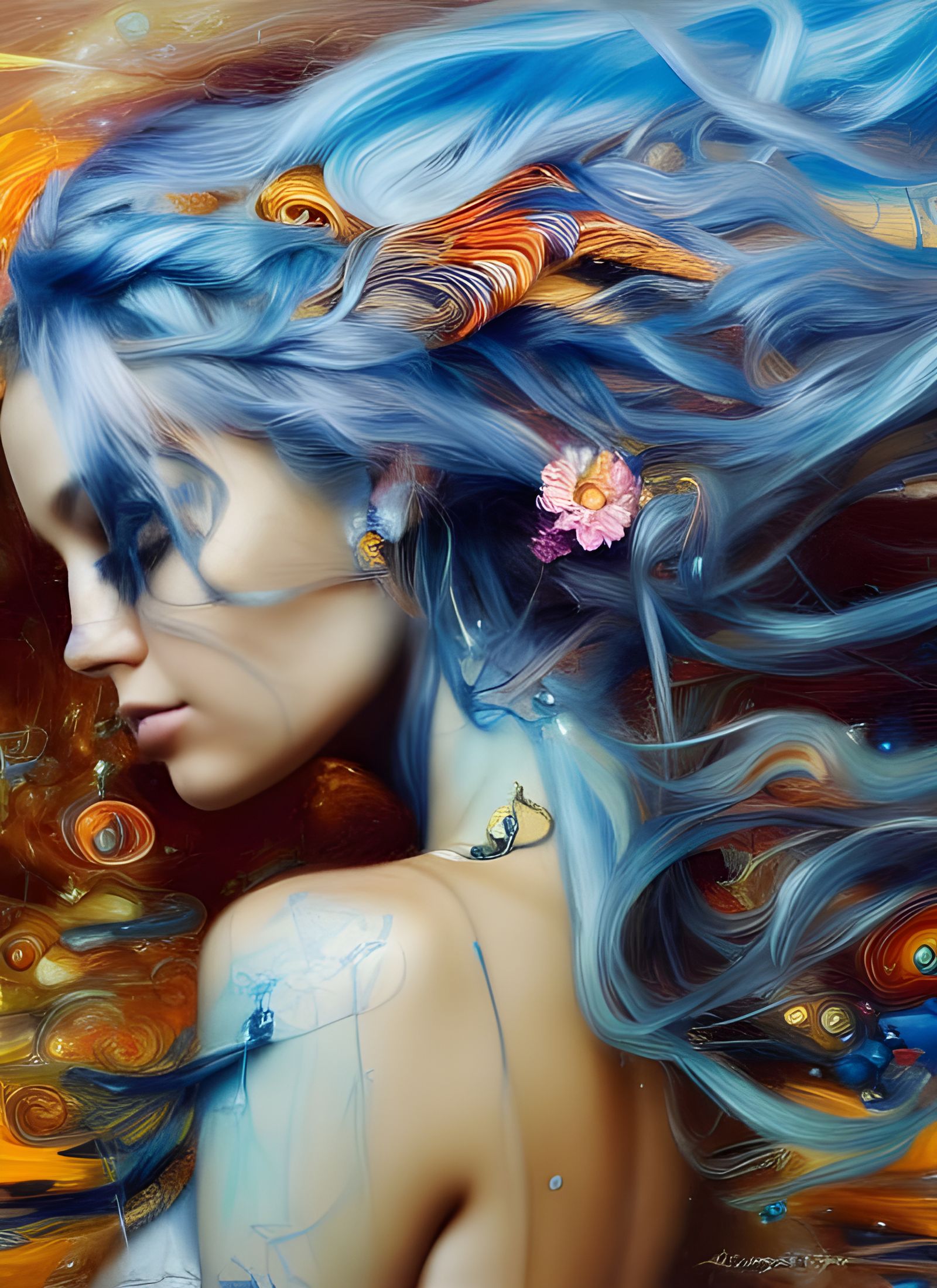 Princess with Blue Fire Hair: Hyperrealistic Portrait
