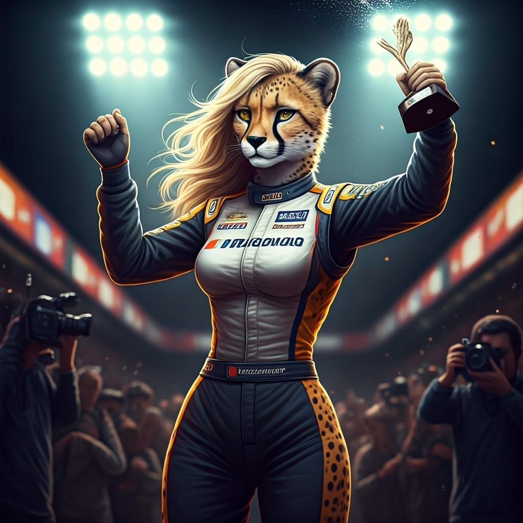 Victorious Cheetah Girl in Racing Suit, Digital Art