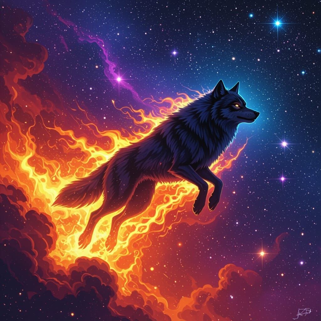Fiery Wolf Soaring Through a Starry Galaxy