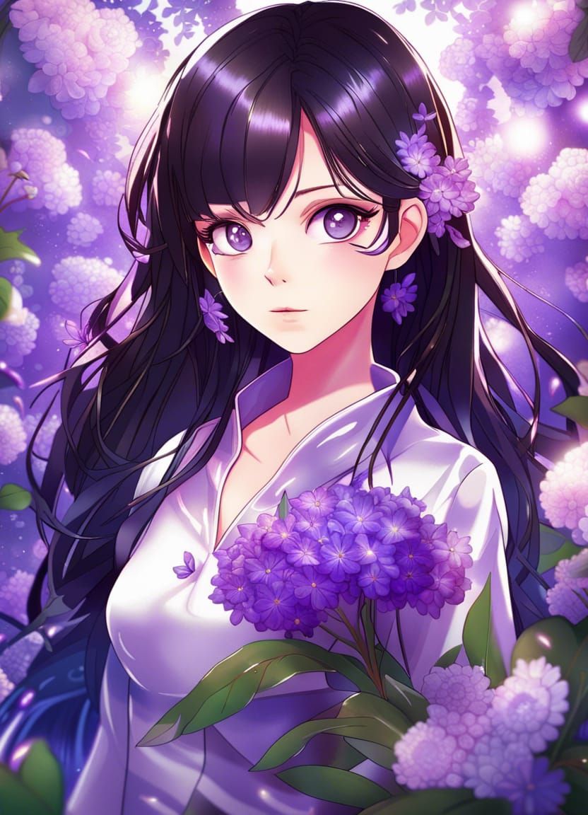 Anime Woman with Violet Eyes in Floral Setting