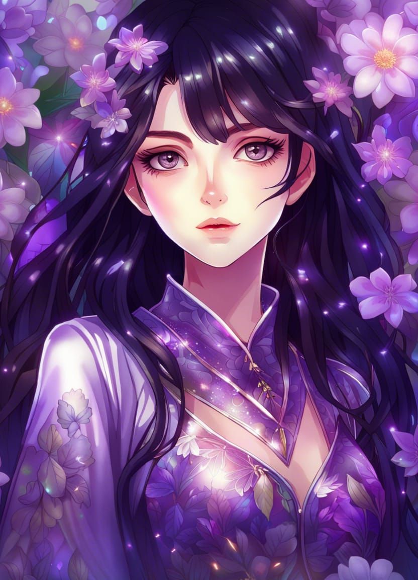 Anime Woman with Violet Eyes and Floral Background