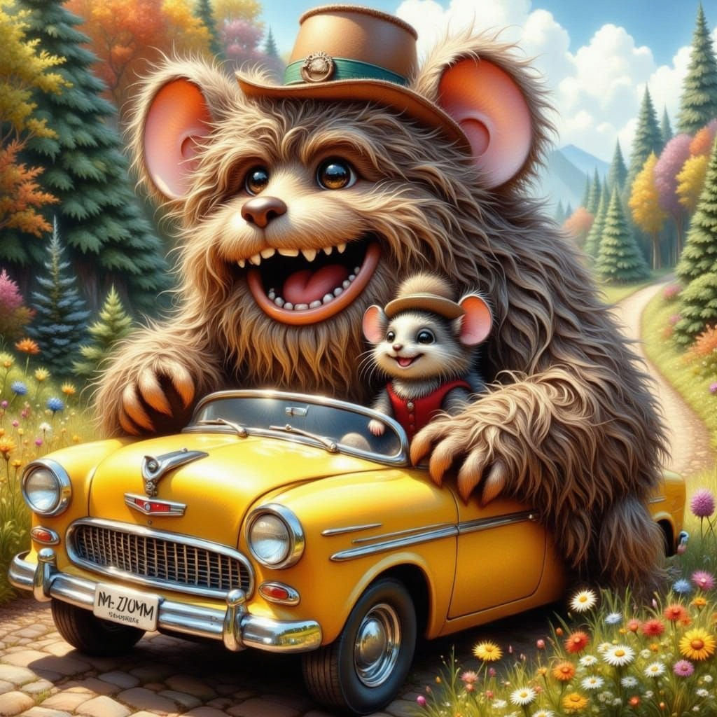 Bigfoot Drives Yellow Jalopy with Mouse Companion
