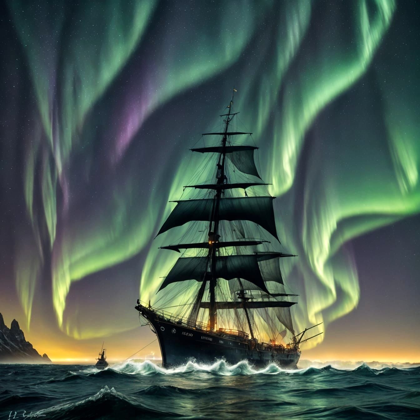 Aurora borealis over the ship