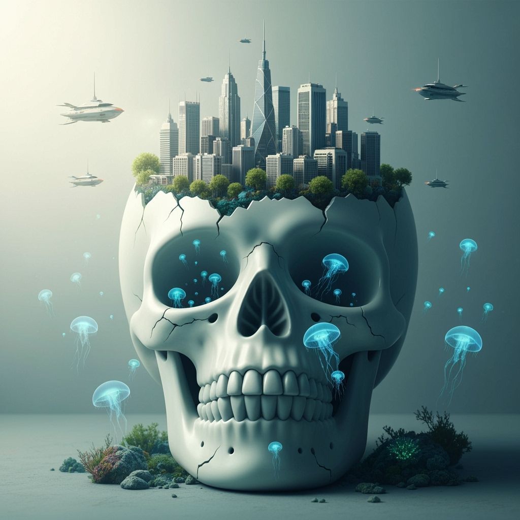 Surreal Underwater City in Porcelain Skull