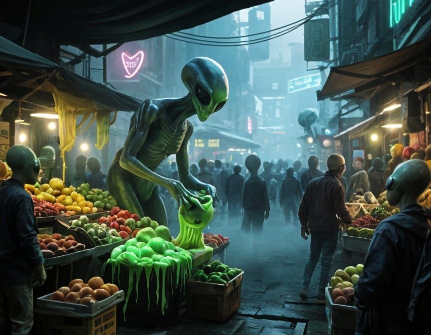 Cyberpunk Alien Market with Glowing Produce
