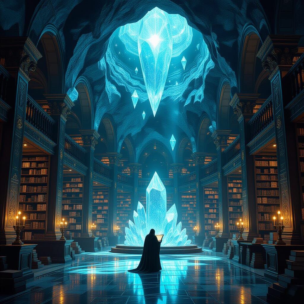 Ancient Geode Library with Glowing Books and Scholar