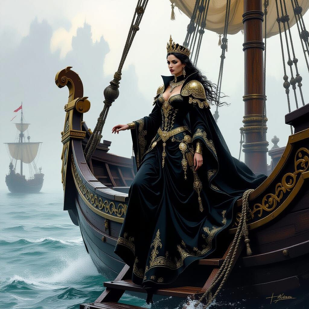 Iberian Queen Steps onto Ship in Fantasy Art Style